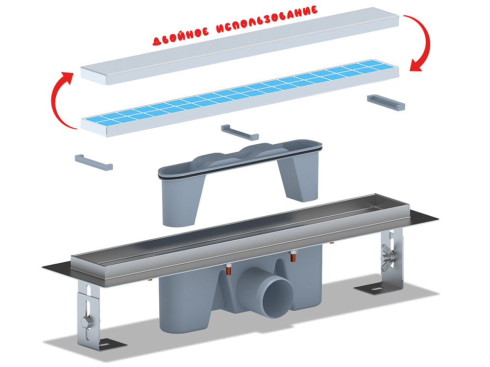 Трап линейный из нержавеющей стали АНИ Пласт TL2045 выпуск 50 мм под плитку 450 мм