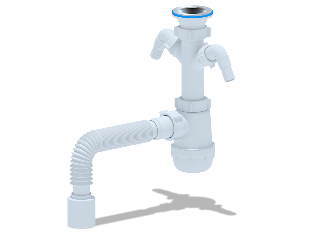 Сифон для мойки АНИ Пласт Грот A1110 1 1/2 дюйма 40 мм с двумя отводами для стиральной машины с гибкой трубой 40х50 мм