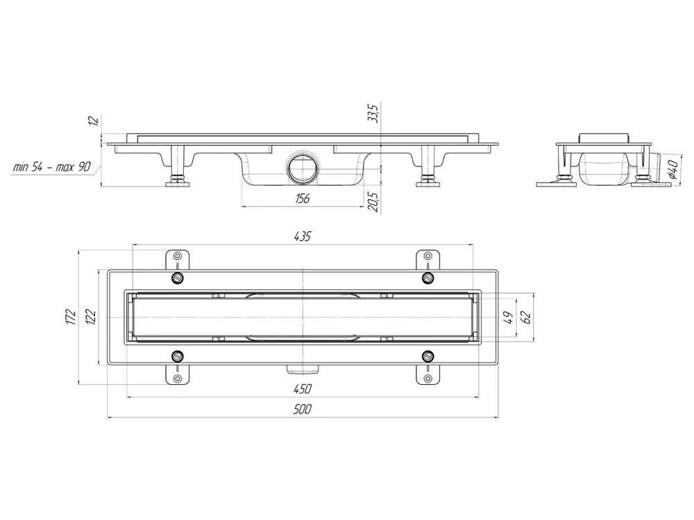 Трап линейный пластиковый АНИ Пласт TL1045 выпуск 40 мм решётка МОЛ под плитку 450 мм