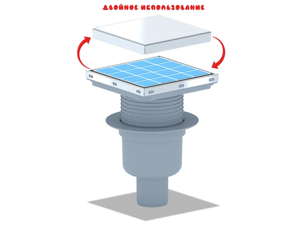 Трап вертикальный регулируемый АНИ Пласт TA5912 выпуск 50 мм с решеткой из нержавеющей стали 150х150 мм под плитку