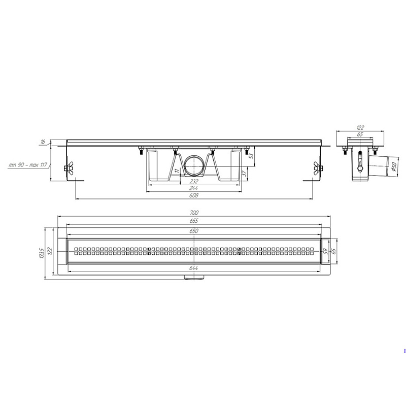 Трап линейный из нержавеющей стали АНИ Пласт TLZ2265G DN50 с комбинированным затвором глянцевой решёткой Риф 650х65 мм