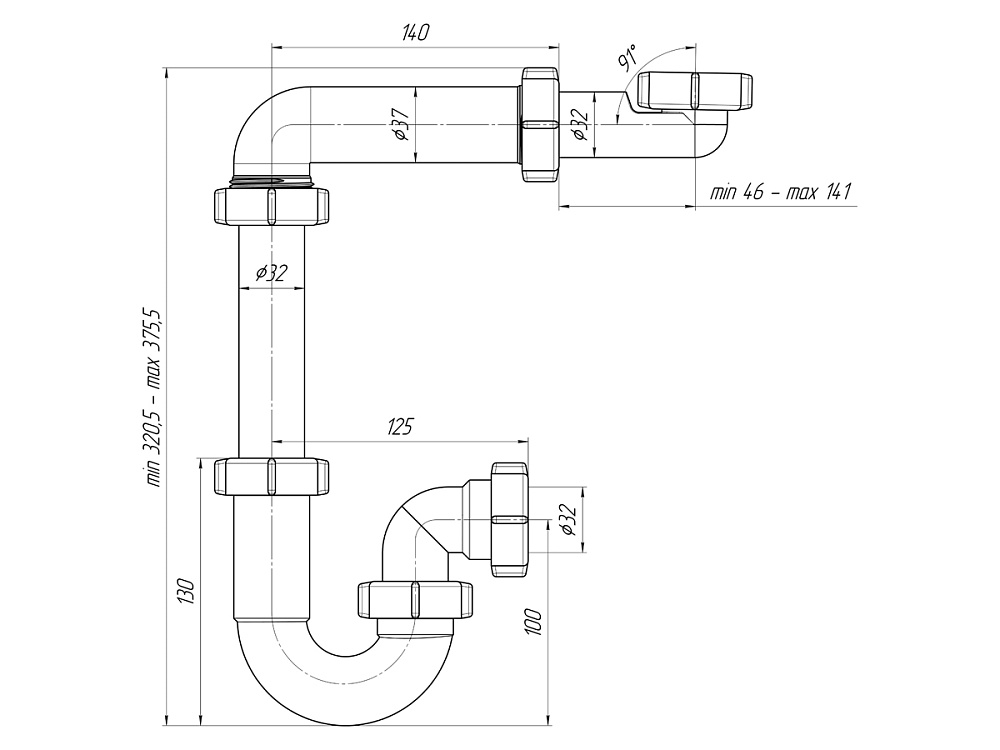 Сифон для раковины АНИ Пласт DB5020 смещенный без выпуска 1 1/4 дюйма 32 мм