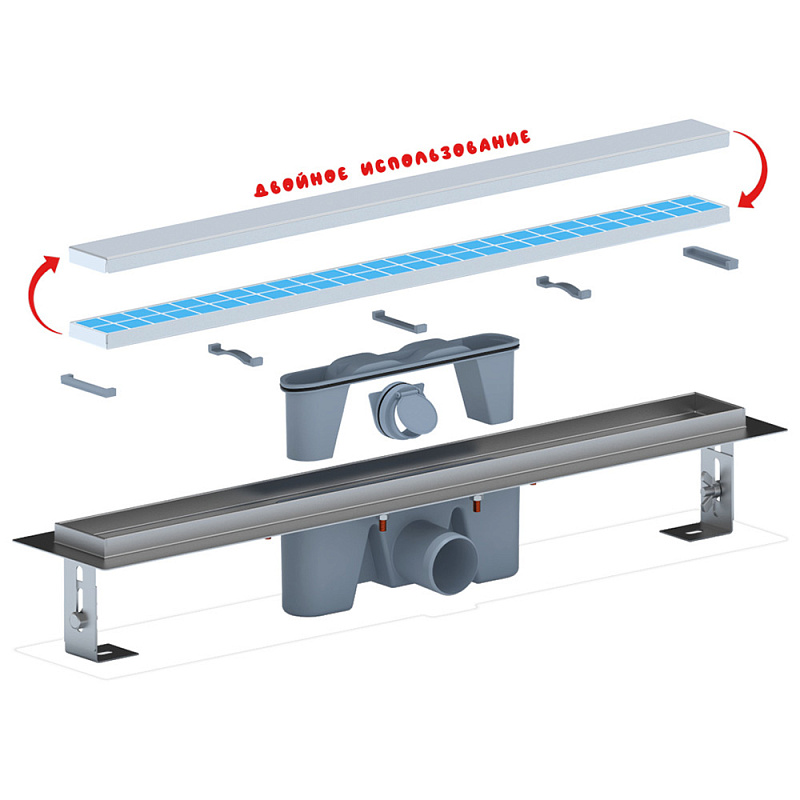 Трап линейный из нержавеющей стали АНИ Пласт TLZ2065 DN50 с комбинированным затвором матовой решёткой под плитку МОЛ 650х65 мм