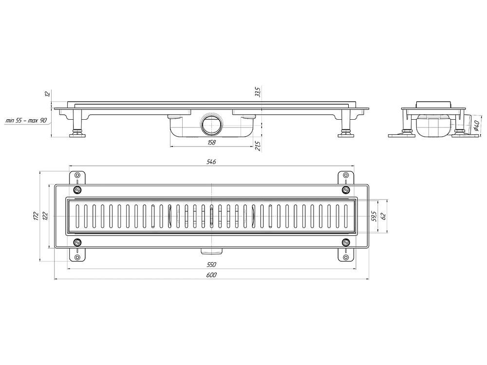 Трап линейный пластиковый АНИ Пласт TL1455G выпуск 40 мм решётка Бимс глянцевая нержавеющая сталь 550 мм