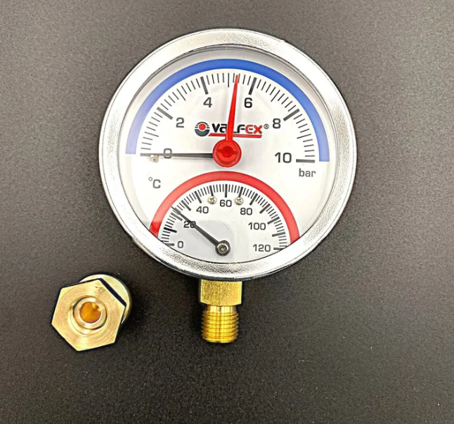 Термоманометр радиальный (нижнее подключение),80 мм, 10 бар, VALFEX, арт.VF.TMN.80.012.10