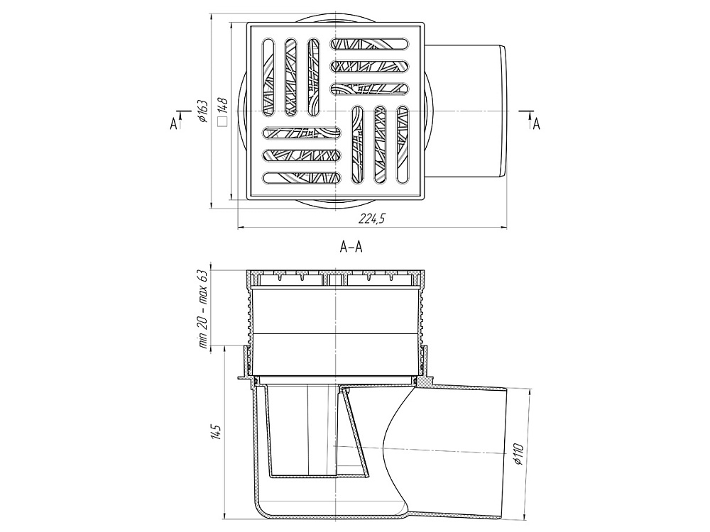 Трап для душа АНИ Пласт TQ1610 DN110 горизонтальный регулируемый с сухим затвором и решёткой из пластика 150х150 мм