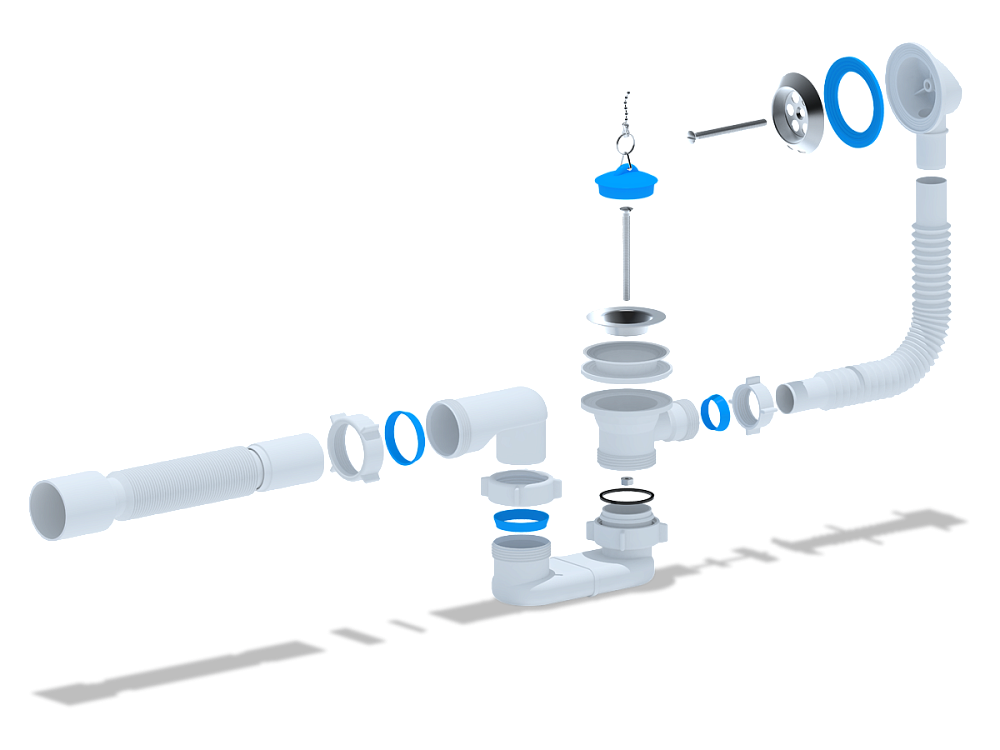 Сифон для ванны АНИ Пласт E055 1 1/2 дюйма плоский с переливом и гибкой трубой 40х50 мм
