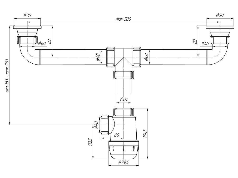 Сифон для мойки АНИ Пласт Грот A3000 1 1/2 дюйма 40 мм двойной