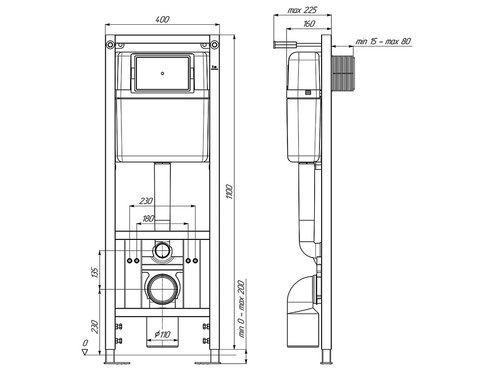 Инсталляция для унитаза 40 см АНИ Пласт WCP4130 1300х400х225 мм с круглой белой глянцевой клавишей