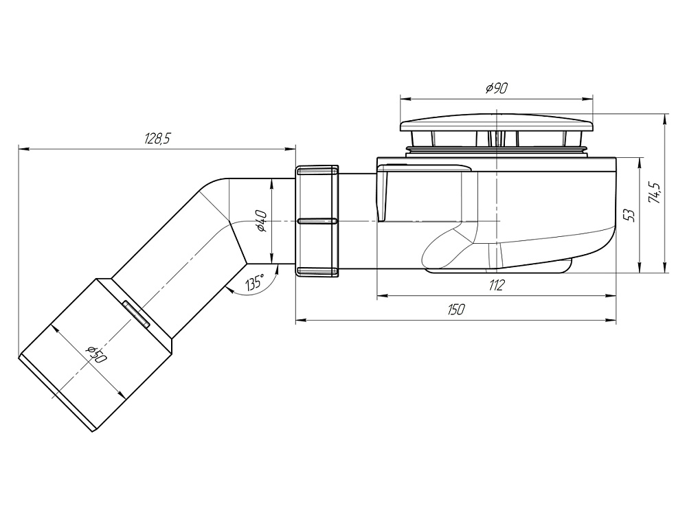 Сифон для душевого поддона АНИ Пласт Е551С с переходной трубой 45° 40/50 мм 1 1/2 дюйма 60 мм хром