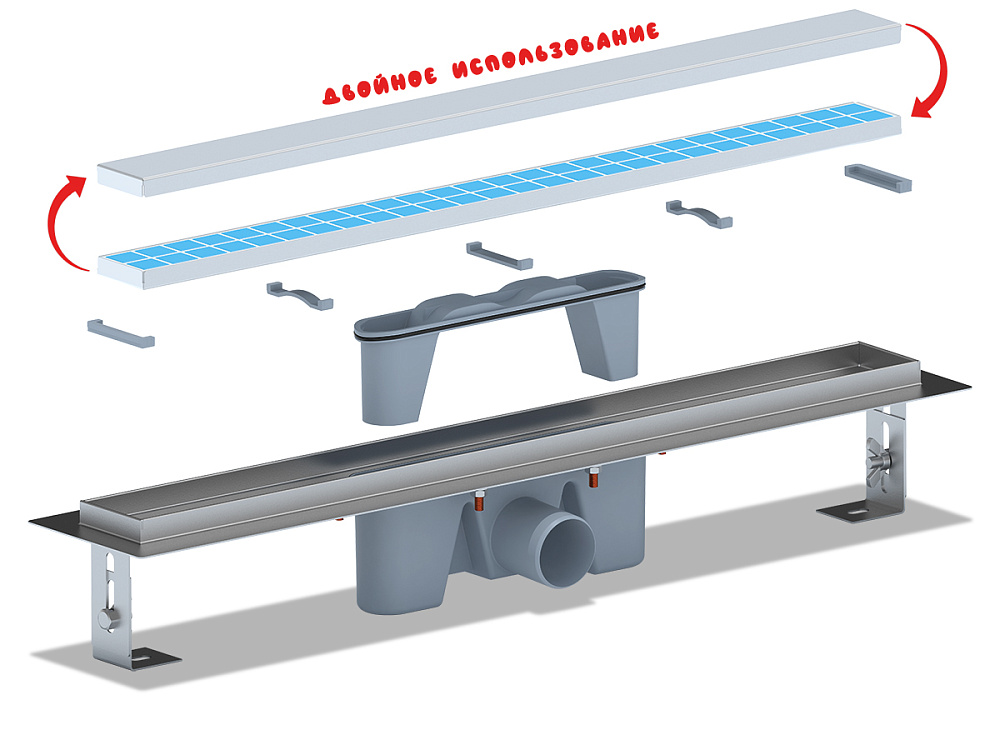 Трап линейный из нержавеющей стали АНИ Пласт TL2065 выпуск 50 мм под плитку 650 мм