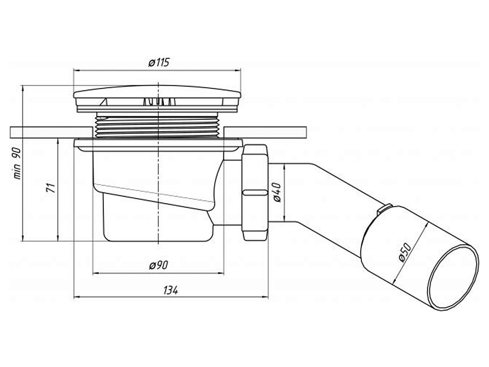 Сифон для душевого поддона АНИ Пласт E321C 1 1/2 дюйма 90 мм с переходной трубой 45 градусов 40х50 мм