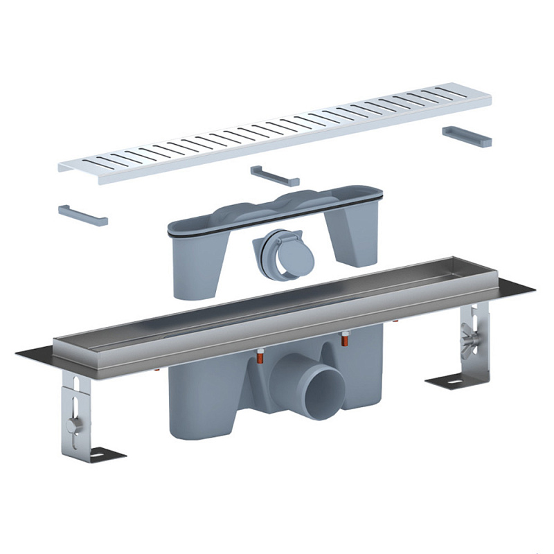 Трап линейный из нержавеющей стали АНИ Пласт TLZ2445G DN50 с комбинированным затвором глянцевой решёткой Бимс 450х65 мм