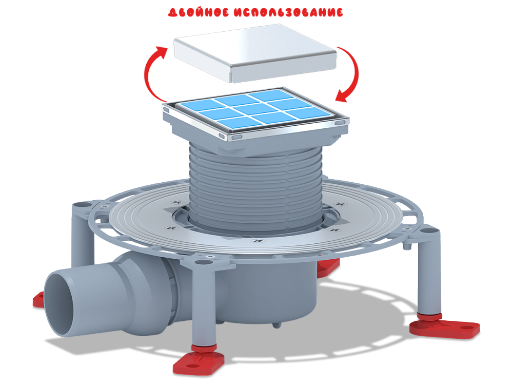 Трап для душа АНИ Пласт TVQ5802 DN50 горизонтальный регулируемый с сухим затвором и с решёткой из нержавеющей стали 100х100 мм под плитку