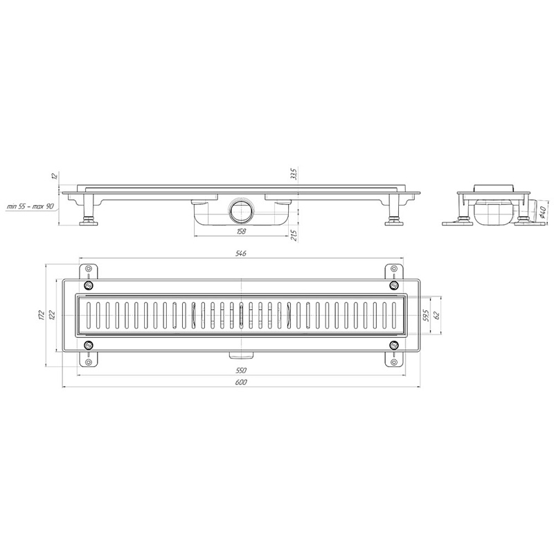 Трап линейный пластиковый АНИ Пласт TLQ1455G DN40 с сухим затвором и глянцевой решёткой Бимс 550х62 мм