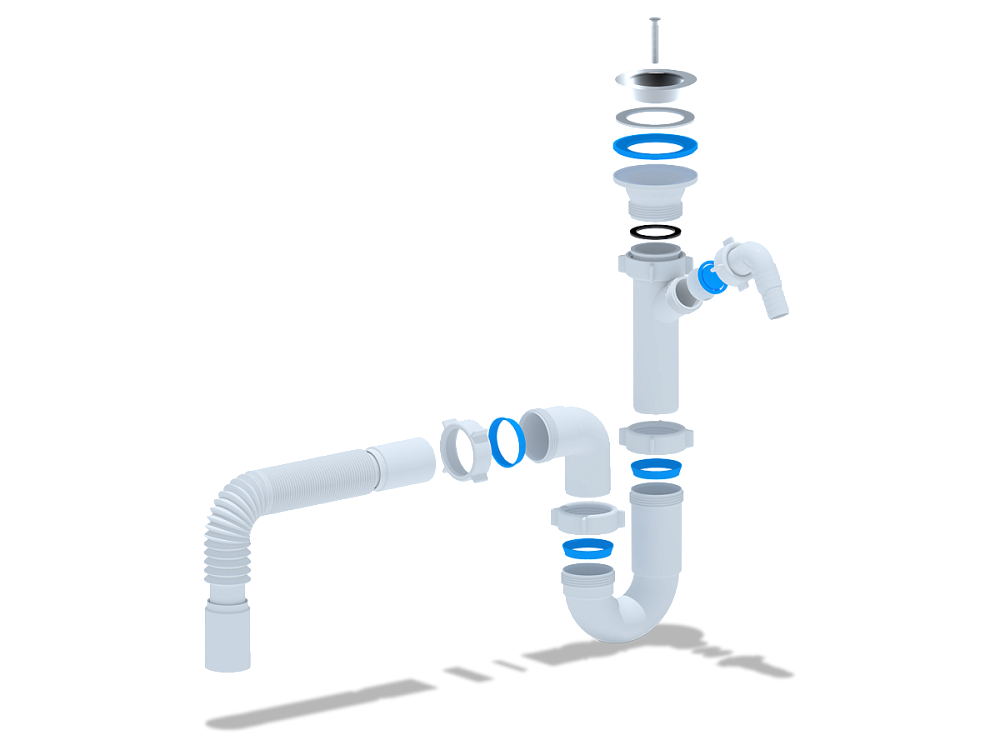 Сифон для мойки АНИ Пласт D1005 1 1/2 дюйма 40 мм прямоточный с отводом для стиральной машины и гибкой трубой 40х40 мм