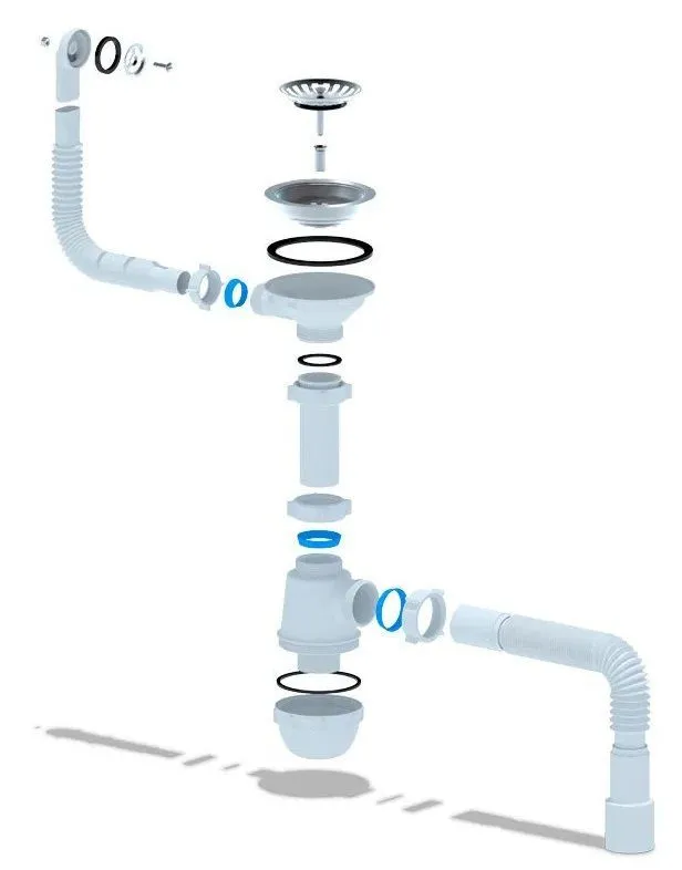 Сифон для мойки АНИ Пласт Грот A1042SA15 3 1/2 дюйма 40 мм с гибким переливом и отводом для стиральной машины