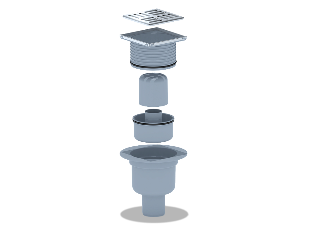 Трап вертикальный регулируемый АНИ Пласт TA5702 выпуск 50 мм с решеткой из нержавеющей стали 100х100 мм