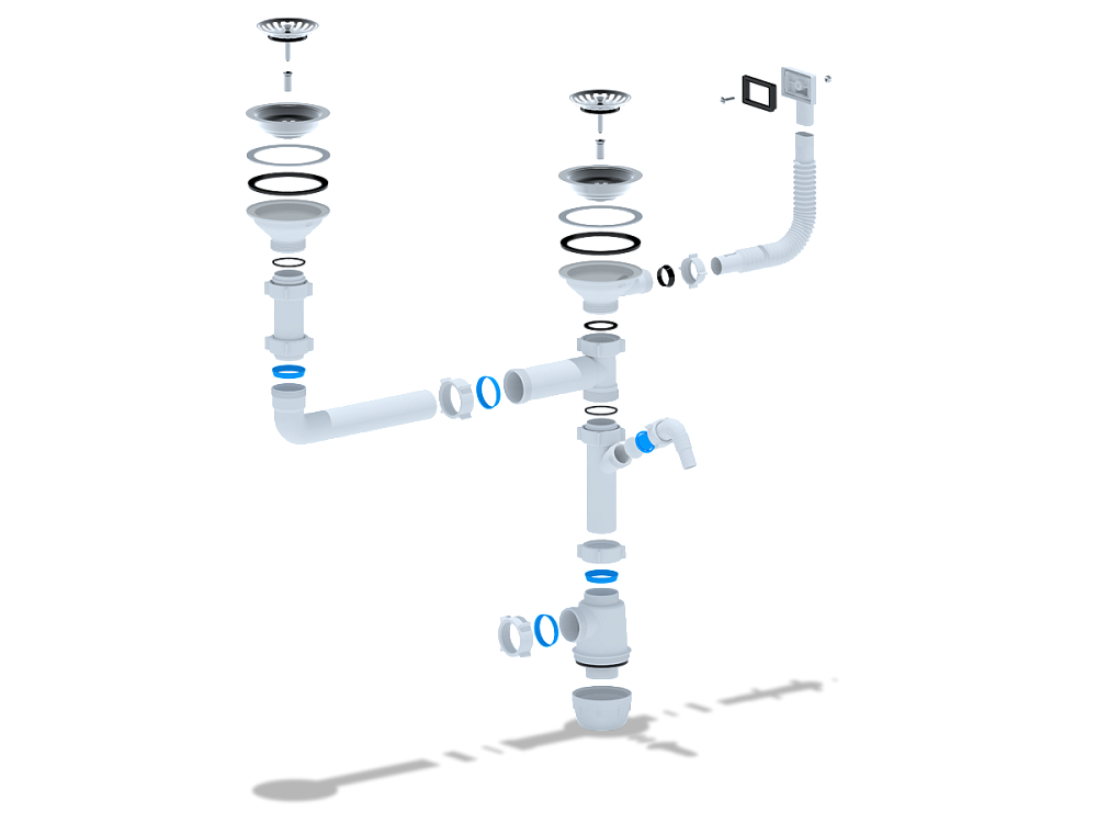 Сифон для мойки АНИ Пласт Грот A7700S 3 1/2 дюйма 40 мм двойной разноуровневый с гибким переливом и отводом для стиральной машины