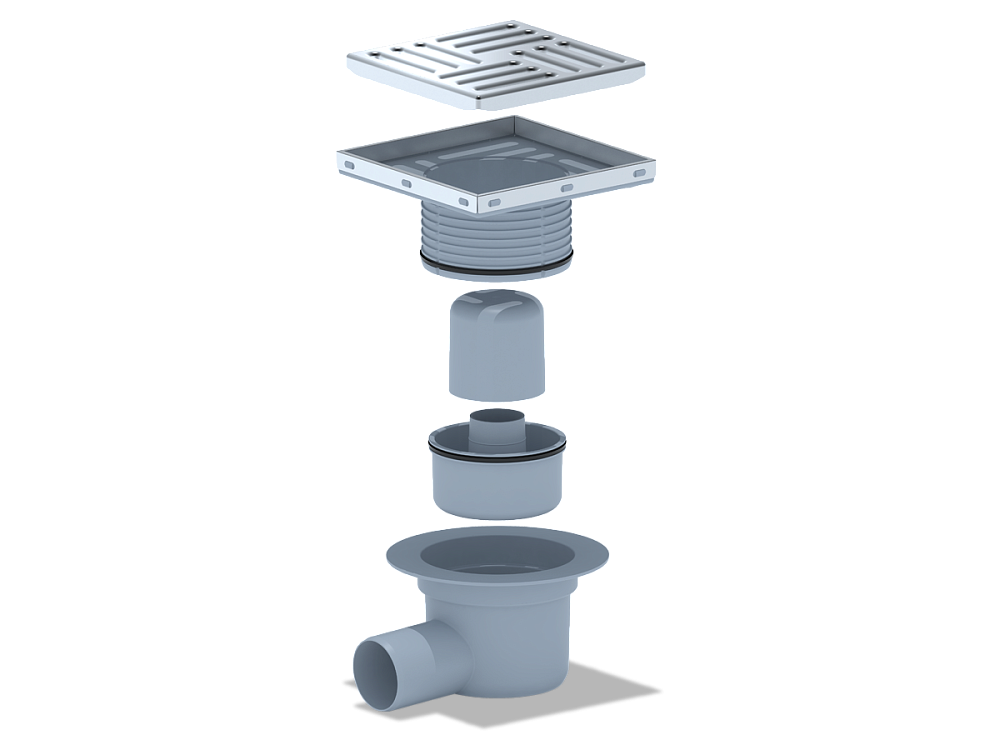 Трап горизонтальный регулируемый АНИ Пласт TA5612 выпуск 50 мм с решеткой из нержавеющей стали 150х150 мм