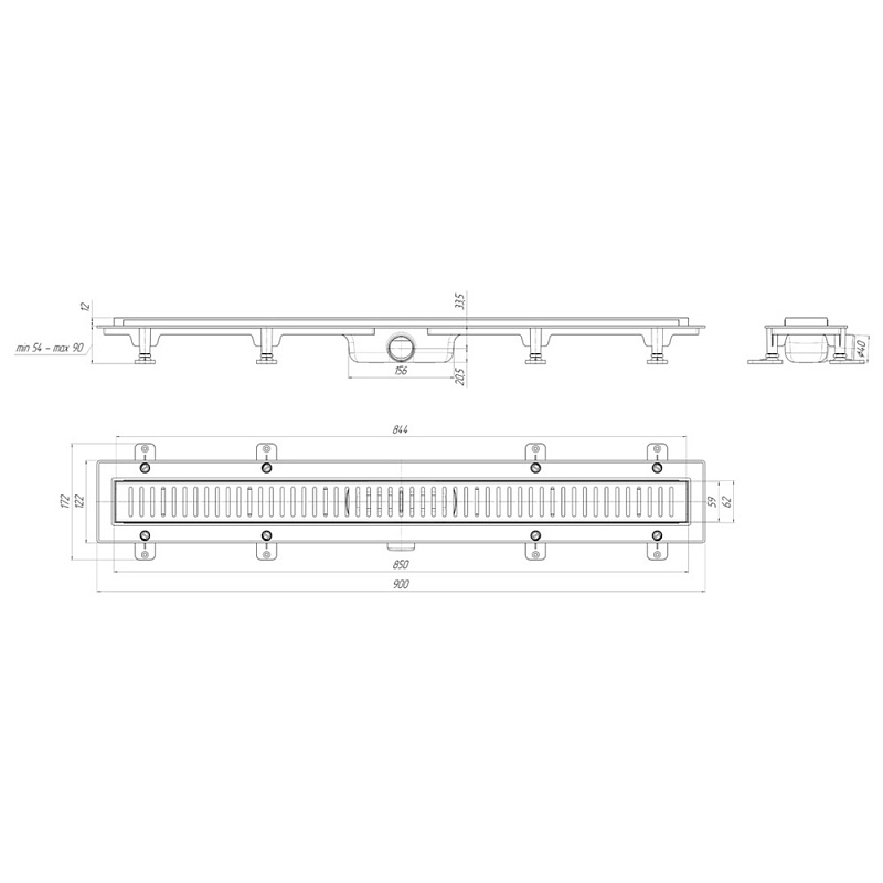 Трап линейный пластиковый АНИ Пласт TLQ1485G DN40 с сухим затвором и глянцевой решёткой Бимс 850х62 мм