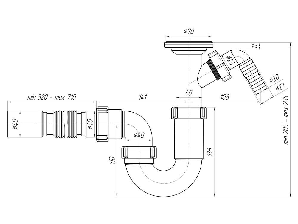 Сифон для мойки АНИ Пласт D2005 1 1/2 дюйма 40 мм прямоточный с литым выпуском с отводом для стиральной машины и гибкой трубой 40х40 мм