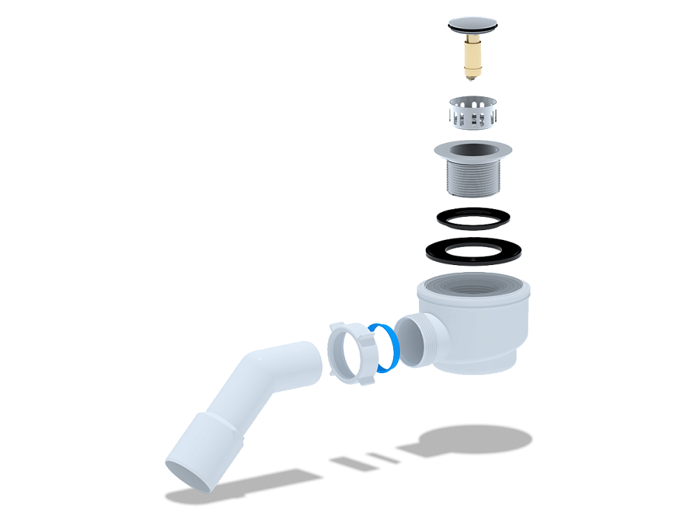 Сифон для душевого поддона АНИ Пласт E411CLS 1 1/2 дюйма 50 мм клик-клак с сеткой с переходной трубой 45 градусов 40х50 мм