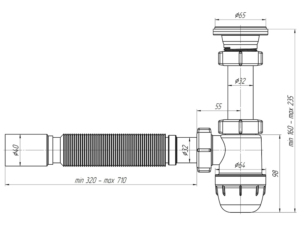 Cифон для раковины АНИ Пласт Юнг BM1010 1 1/4 дюйма 32 мм c гибкой трубой 32х40 мм