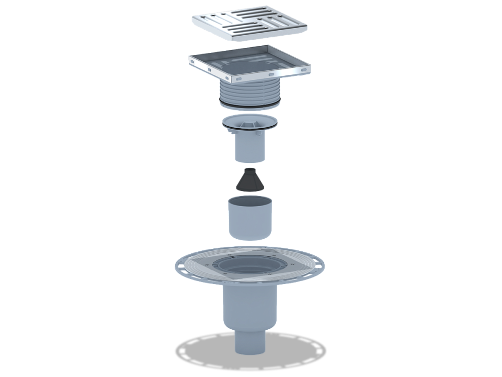 Трап для душа АНИ Пласт THZ5712 DN50 высокий вертикальный регулируемый с комбинированным затвором и решёткой из нержавеющей стали 150х150 мм