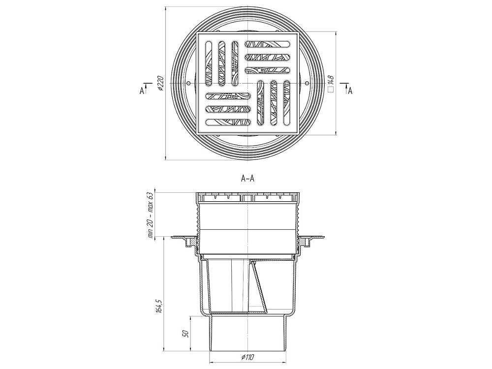 Трап для душа АНИ Пласт TQ1710 DN110 вертикальный регулируемый с сухим затвором и решёткой из пластика 150х150 мм