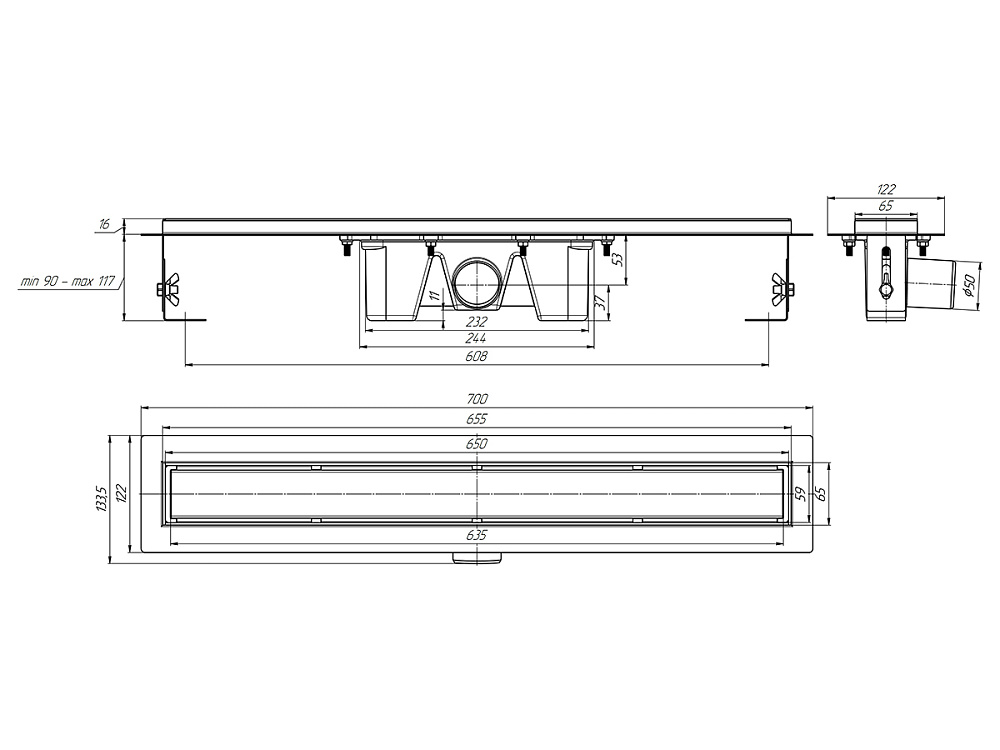 Трап линейный из нержавеющей стали АНИ Пласт TL2165G выпуск 50 мм решётка Штиль глянцевая 650 мм