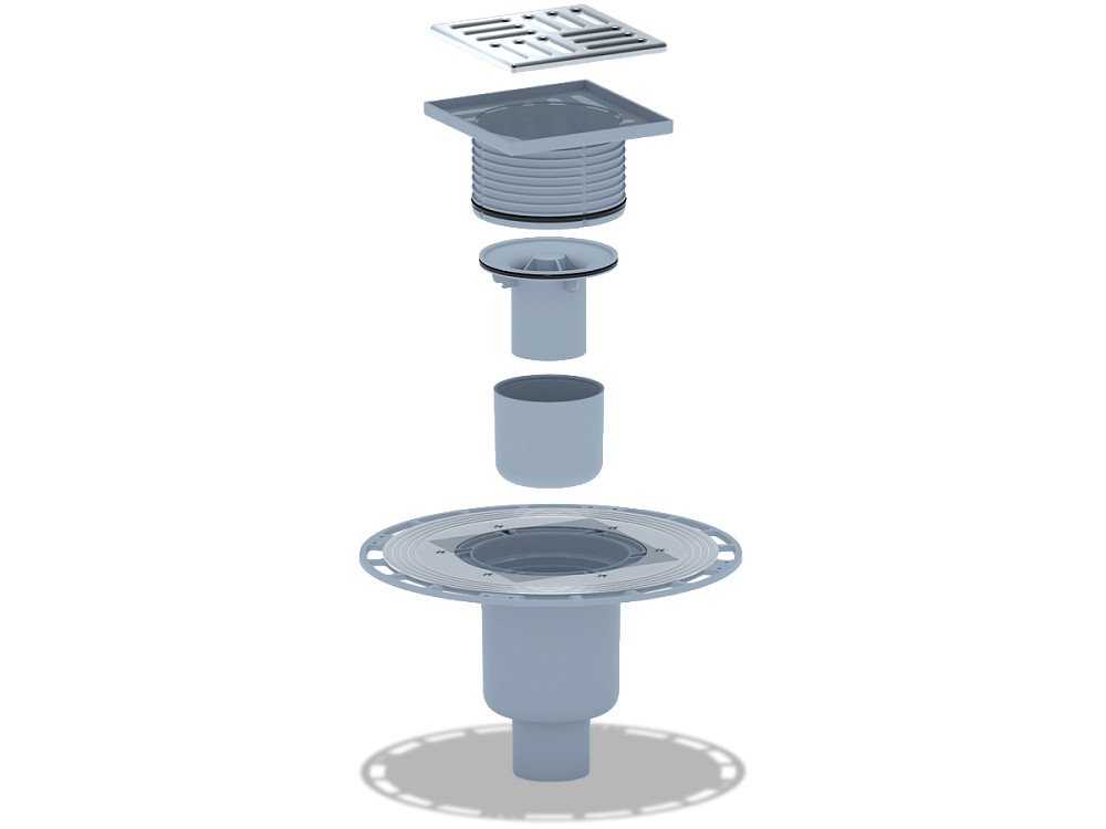 Трап вертикальный регулируемый АНИ Пласт THA5714 выпуск 50 мм с решеткой из нержавеющей стали 120х120 мм