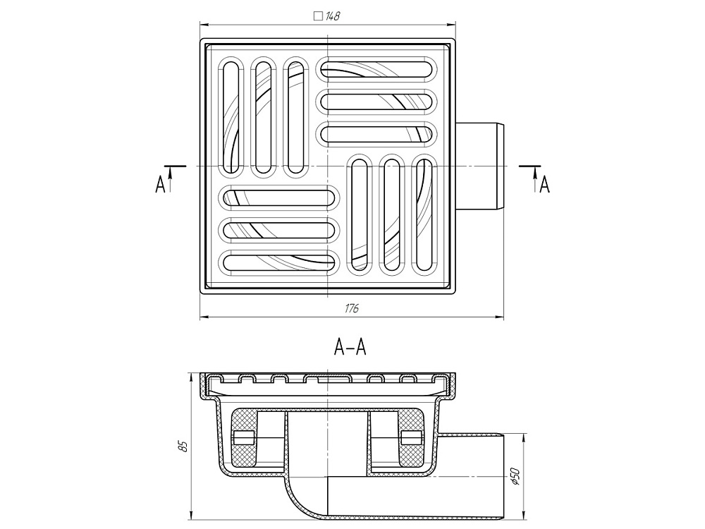 Трап для душа АНИ Пласт TQ5112 DN50 горизонтальный нерегулируемый с сухим затвором и решёткой из нержавеющей стали 150х150 мм