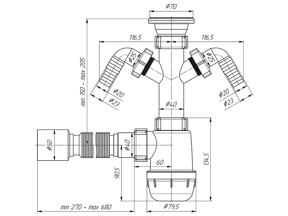 Сифон для мойки АНИ Пласт Грот A1110 1 1/2 дюйма 40 мм с двумя отводами для стиральной машины с гибкой трубой 40х50 мм