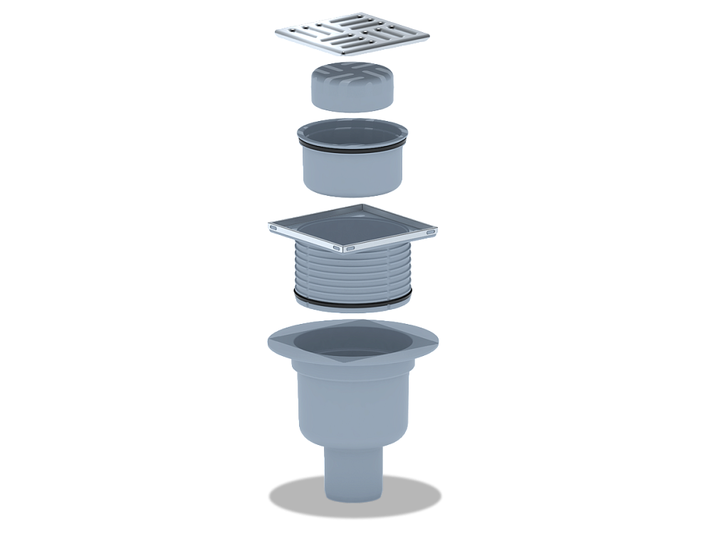 Трап для душа АНИ Пласт TQ5702 DN50 вертикальный регулируемый с сухим затвором и решёткой из нержавеющей стали 100х100 мм