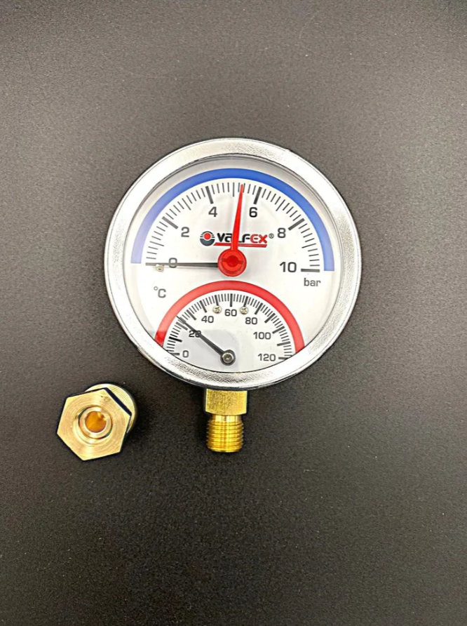 Термоманометр радиальный (нижнее подключение), 10 бар, VALFEX, арт.VF.TMN.80.012.10
