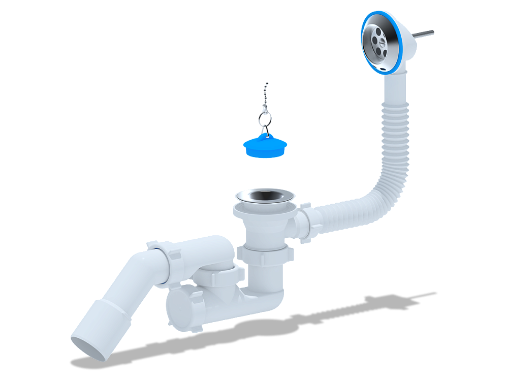 Сифон для ванны АНИ Пласт E251 1 1/2 дюйма регулируемый с переливом и переходной трубой 45 градусов 40х50 мм