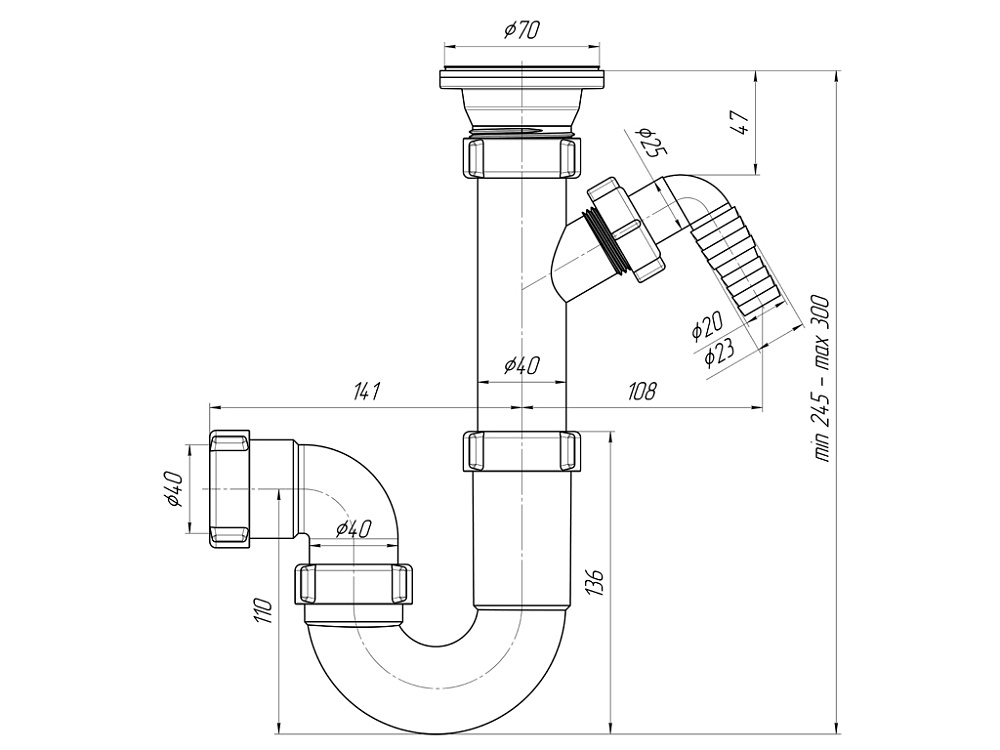 Сифон для мойки АНИ Пласт D1000 1 1/2 дюйма 40 мм прямоточный с отводом для стиральной машины