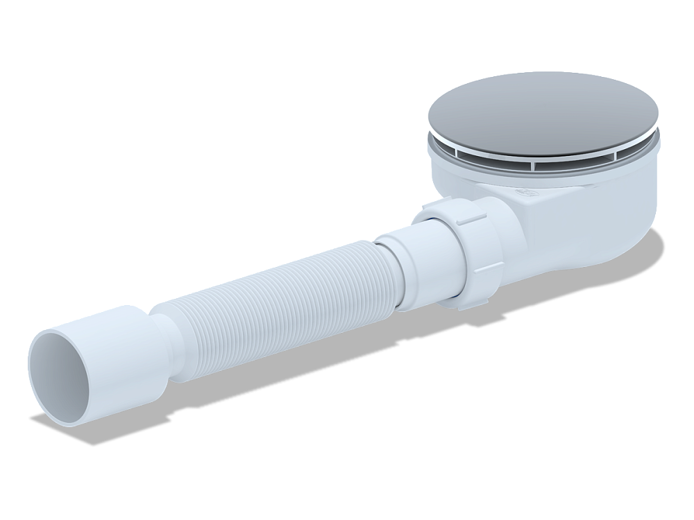 Сифон для душевого поддона АНИ Пласт E355VAL 1 1/2 дюйма 90 мм высота 55 мм вальцовка с гибкой трубой 40х50 мм