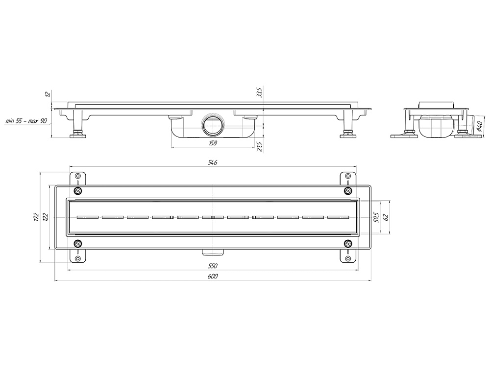 Трап линейный пластиковый АНИ Пласт TL1555G выпуск 40 мм решётка Киль глянцевая нержавеющая сталь 550 мм
