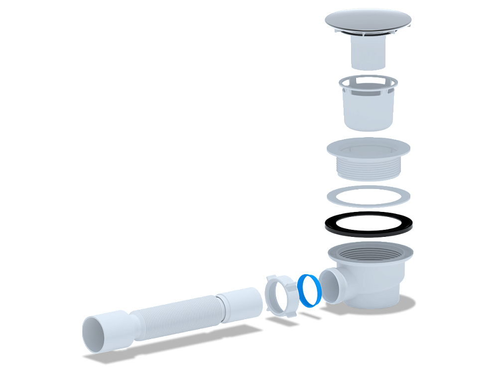 Сифон для душевого поддона АНИ Пласт E325VAL 1 1/2 дюйма 90 мм высота 53 мм вальцовка хром с гибкой трубой 40х50 мм