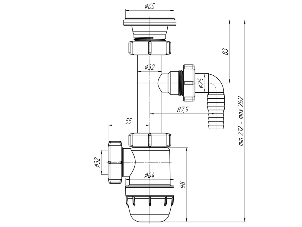Cифон для раковины АНИ Пласт Юнг BM1300 1 1/4 дюйма 32 мм c отводом для стиральной машины