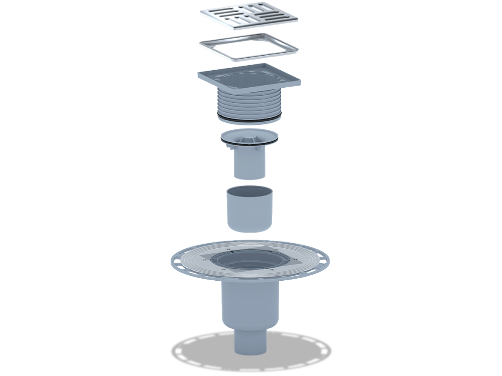 Трап вертикальный регулируемый АНИ Пласт THA5714M выпуск 50 мм с решеткой и обрешеткой из нержавеющей стали 120х120 мм