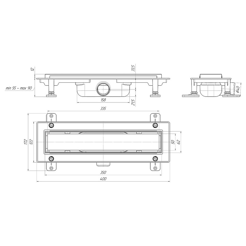 Трап линейный пластиковый АНИ Пласт TLQ1135M DN40 с сухим затвором и матовой решёткой Штиль 350х62 мм