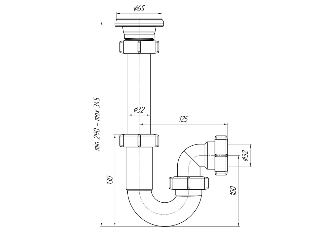 Сифон для раковины АНИ Пласт DB1000 1 1/4 дюйма 32 мм прямоточный