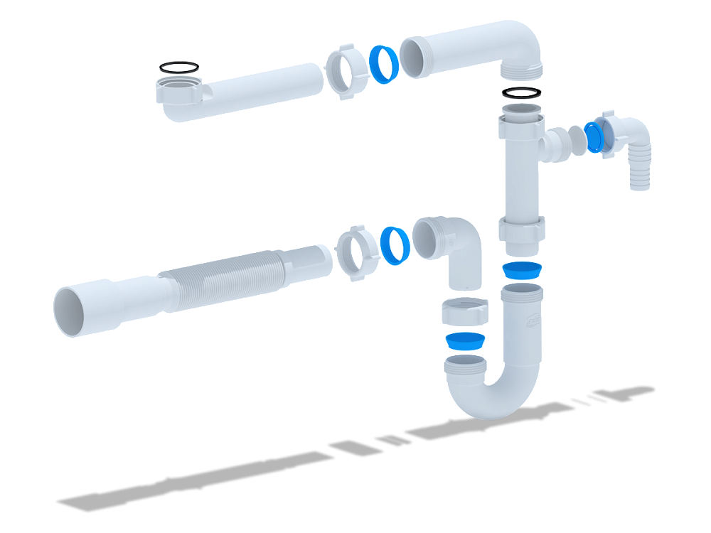 Сифон для раковины АНИ Пласт DB5326 1 1/4 дюйма 32 мм без выпуска с отводом для стиральной машины и гибкой трубой 32х40/50 мм