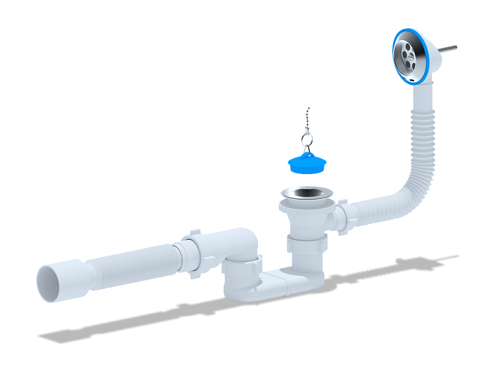 Сифон для ванны АНИ Пласт E055 1 1/2 дюйма плоский с переливом и гибкой трубой 40х50 мм