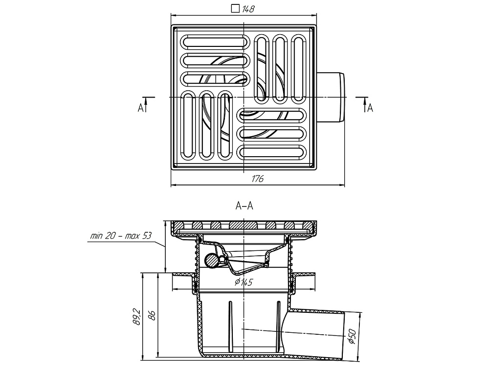 Трап для душа АНИ Пласт TQ5616 DN50 горизонтальный выпуск регулируемый с сухим затвором и решёткой из чугуна 150х150 мм