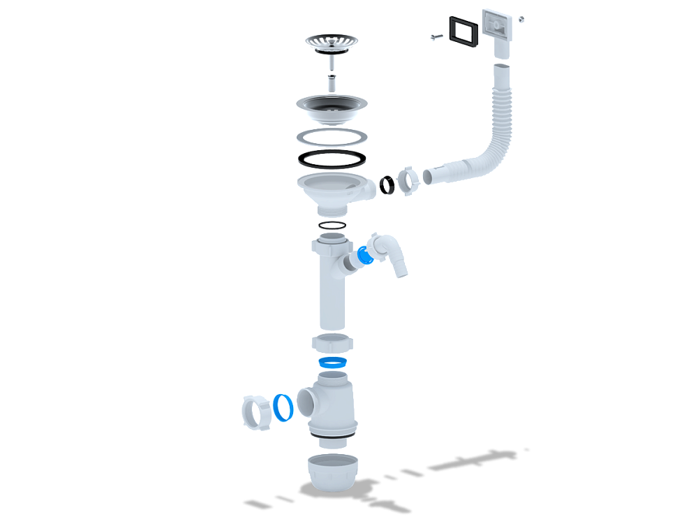 Сифон для мойки АНИ Пласт Грот A1045S 3 1/2 дюйма 40 мм с гибким переливом и отводом для стиральной машины