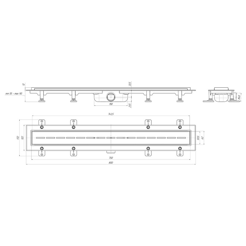 Трап линейный пластиковый АНИ Пласт TLQ1575G DN40 с сухим затвором и глянцевой решёткой Киль 750х62 мм